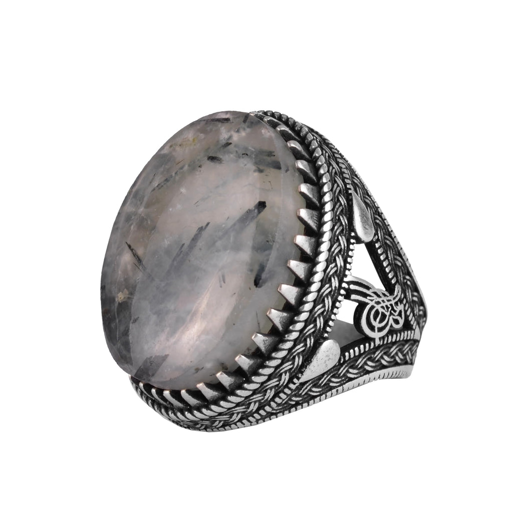 KAMBO Men's Natural Stone Ring – 925 Sterling Silver Large Statement Ring – Handmade Ottoman Pattern Jewelry (Prehnite)