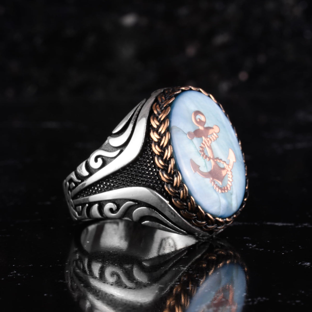 KAMBO Nautical Anchor Men's Ring - Blue Inlay Surface and Rose Gold Anchor Emblem 925 Sterling Silver Oval Seal Ring - Sailor Style Jewelry — 6