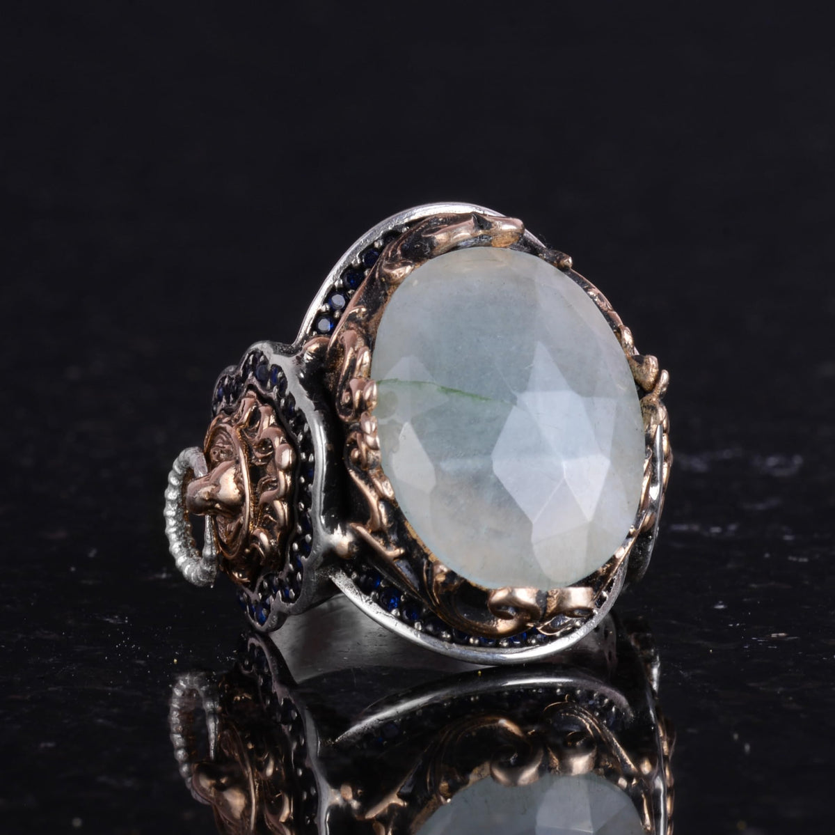 Lion Head Silver Ring, Handcrafted Natural Aquamarine Stone Ring — 5