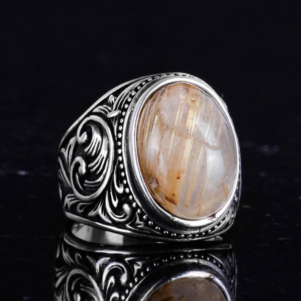 925 Sterling Silver Men's Ring, Natural Cabochon Gold Rutilated Quartz Stone Ring — 5