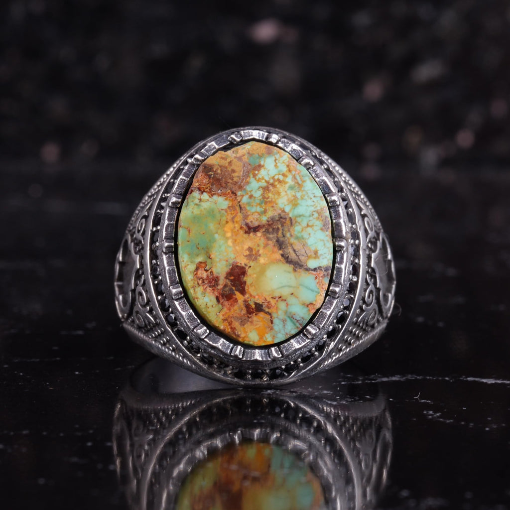 KAMBO Turquoise Stone Men's Ring 925 Sterling Silver – Natural Turquoise Statement Ring – Vintage Ottoman Style Handmade Men's Ring (Turquoise-4) — 4