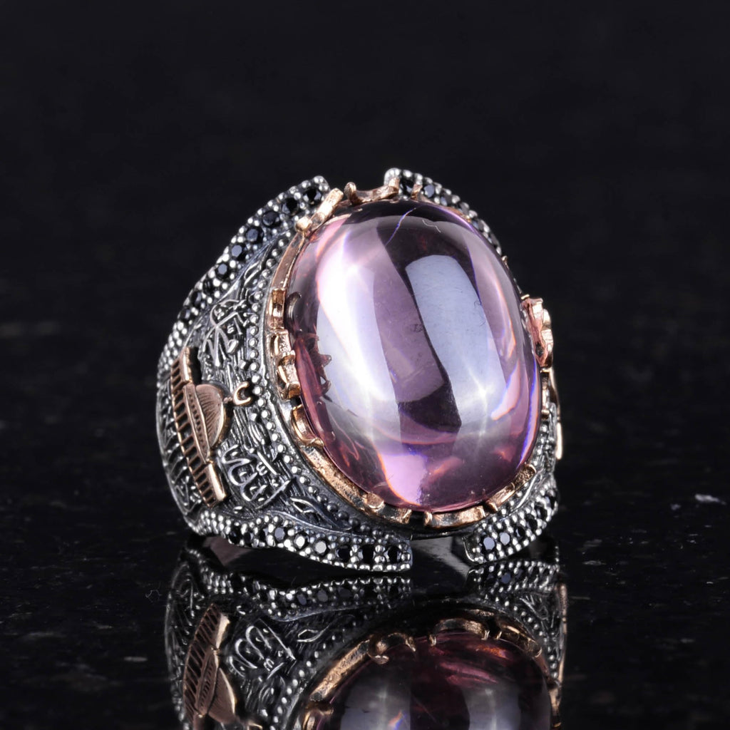 Kambo 925 Sterling Silver Men's Ring - Islamic Ring with Synthetic Pink Topaz Stone and Mosque Motif — 4