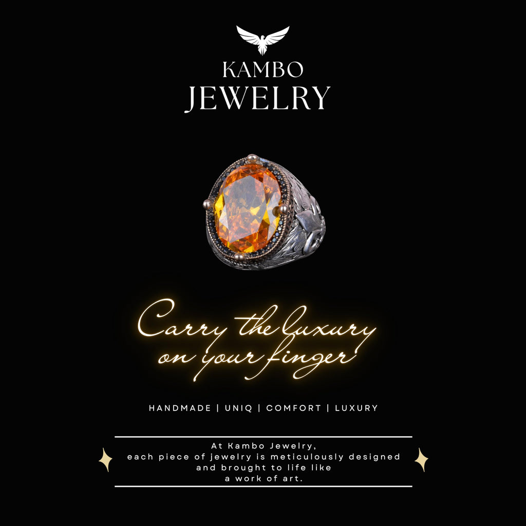 KAMBO Silver Orange Citrine Stone Ring, Men's Luxury 925 Sterling Silver Created Stone Rings - Various and Unique Collection — 7