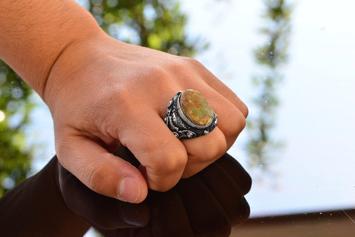 925 Sterling Silver Real Arizona Turquoise Stone Byzantine Men's Ring — 6