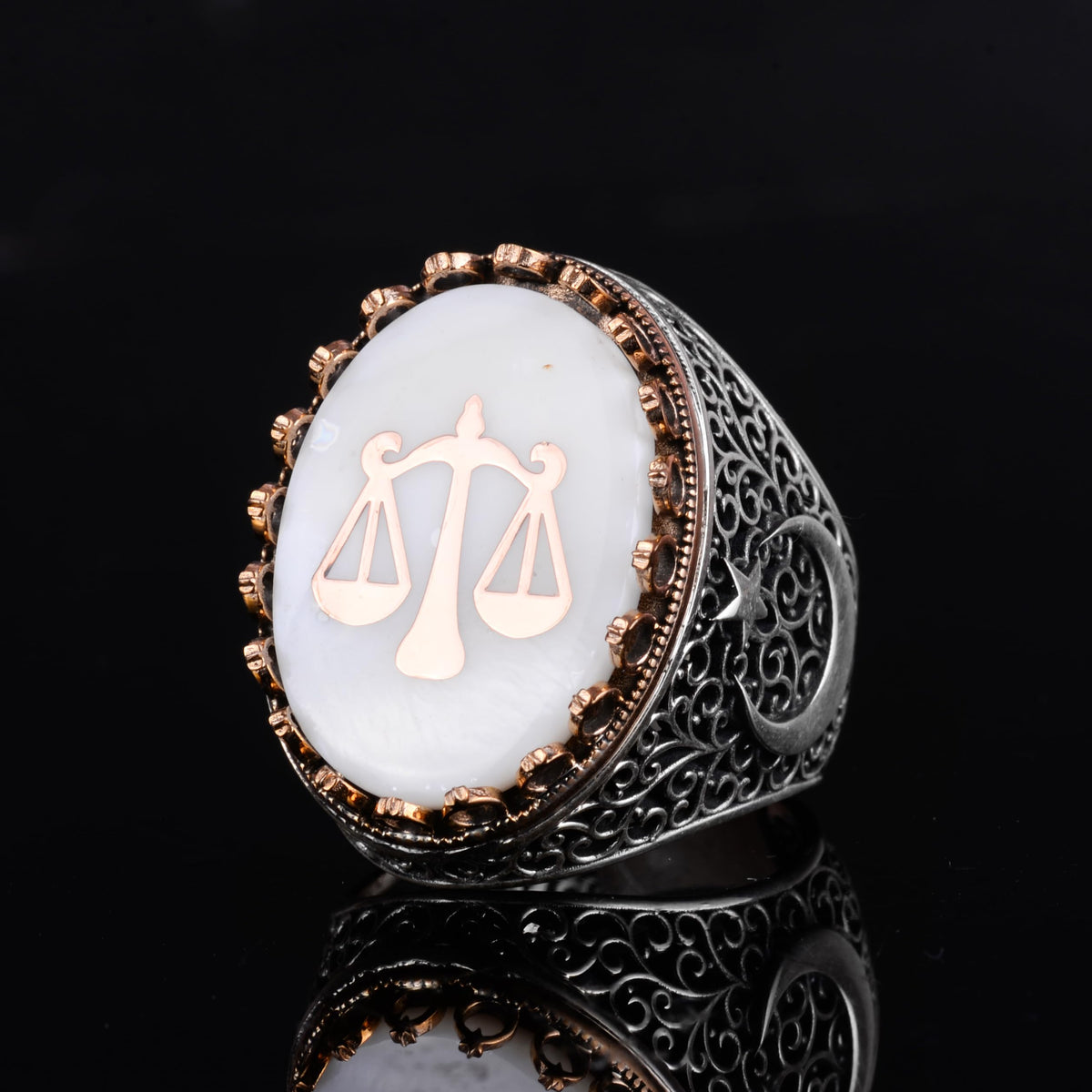 KAMBO Pearl Stone Men's Large Ring – 925 Sterling Silver Star and Moon Side Design (Lawyer Judge Balance) — 5