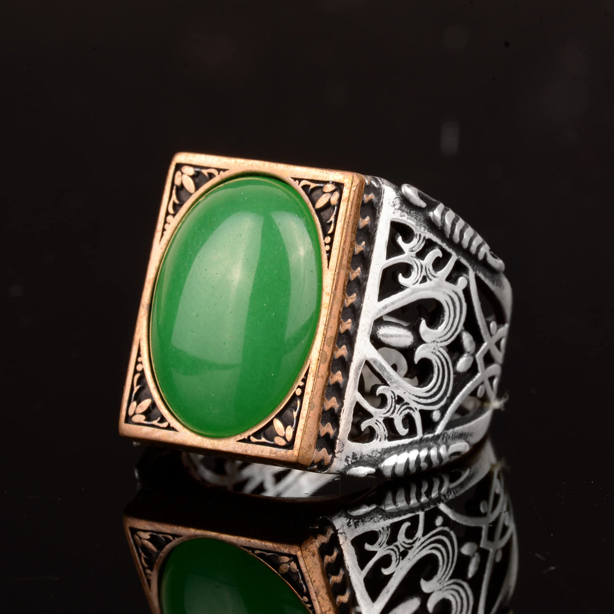 KAMBO Natural Gemstone Ring, 925 Sterling Silver Ring (Jade) — 5