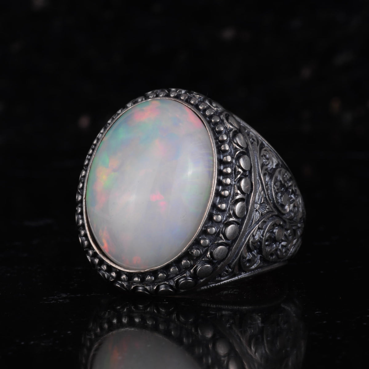 KAMBO Men's Natural Opal Stone Ring – 925 Sterling Silver Handmade Statement Ring – Large Oval Opal Ring for Men — 5