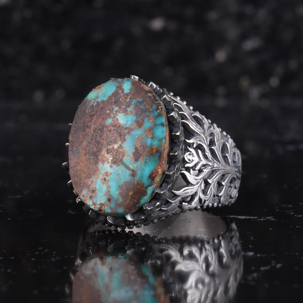 KAMBO Natural Turquoise Stone Men's Ring 925 Sterling Silver Oval Handmade Vintage Style Statement Ring (Turquoise-2) — 5