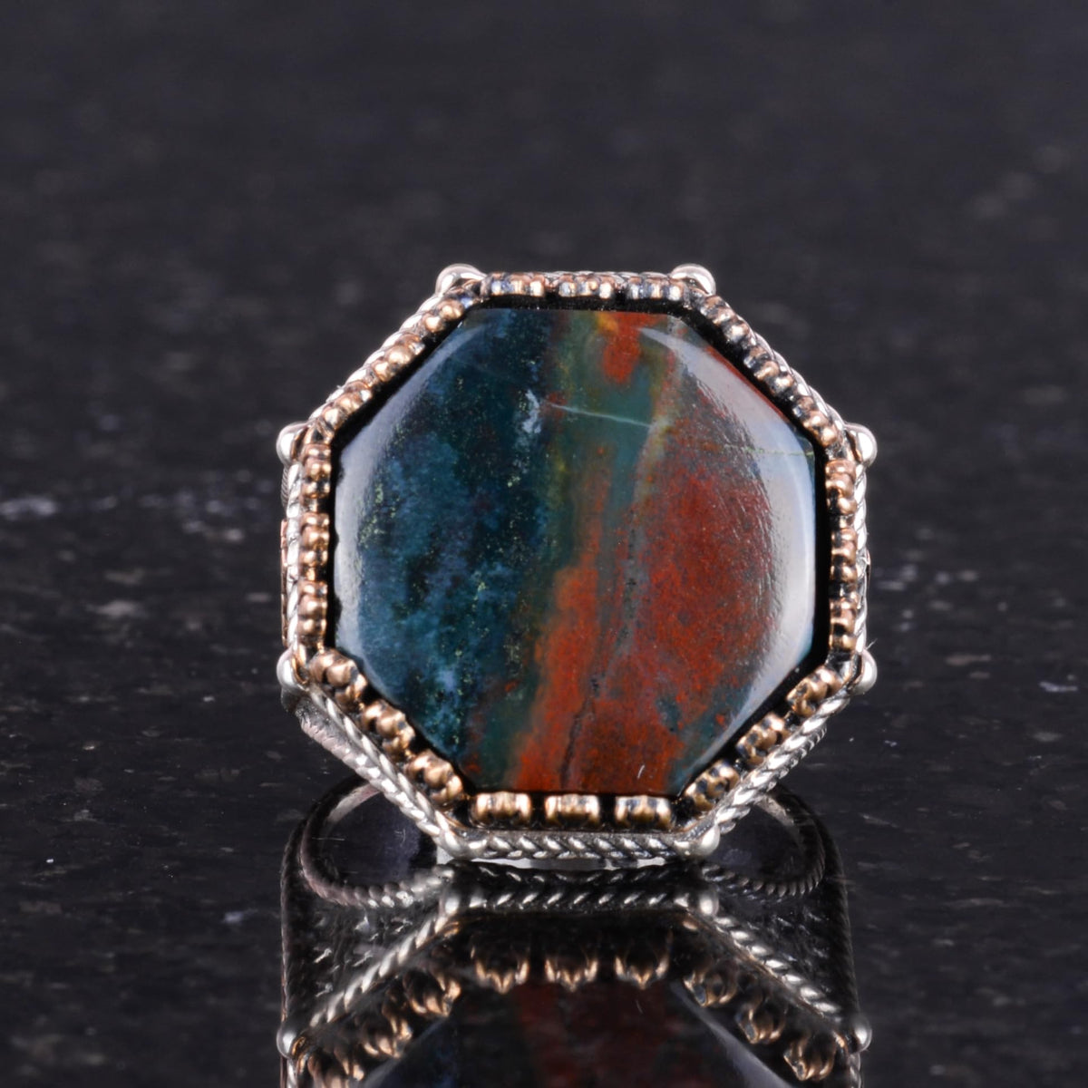 Natural Green Bloodstone Ring - Octagonal Design - Handmade 925 Sterling Silver Jewelry — 4