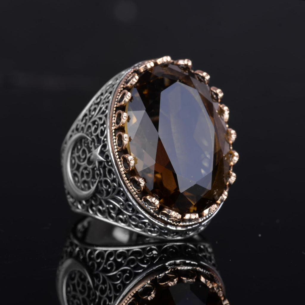 KAMBO 925 Sterling Silver Men's Natural Stone Ring - Moon and Star Design - Handmade Vintage Jewelry (Smoky Topaz) — 5