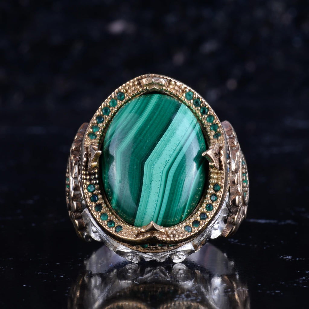 KAMBO Natural Stone Men's Ring – 925 Sterling Silver Bronze Detail Statement Ring – Large Oval Green Handmade Ring (Malachite) — 4