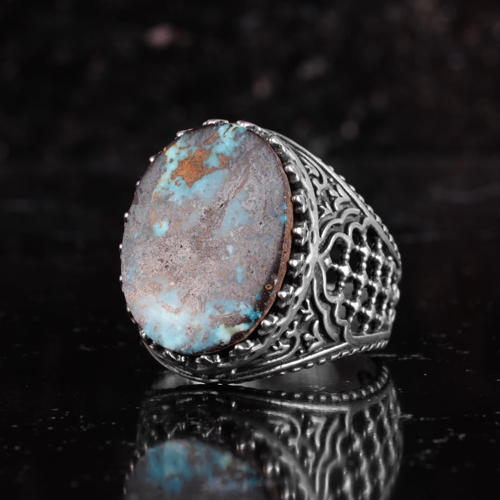 KAMBO Natural Turquoise Stone Men's Ring 925 Sterling Silver Spider Web Pattern Oval Cabochon Vintage Handmade Statement Ring (Turquoise-3) — 5