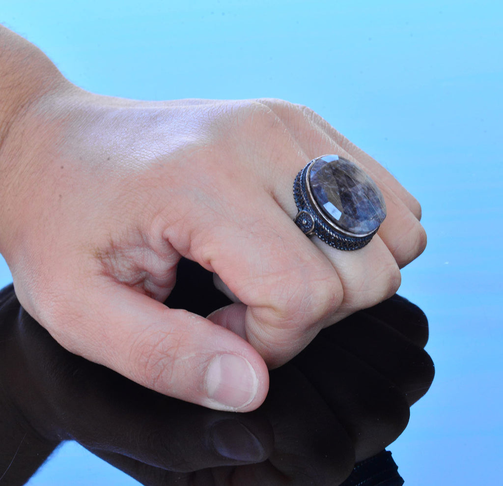Kambo Handmade Minimalist Ring with Natural Sapphire Gemstone, Silver Men's Ring - Perfect for Mature Individuals, Symbol of Wisdom — 7