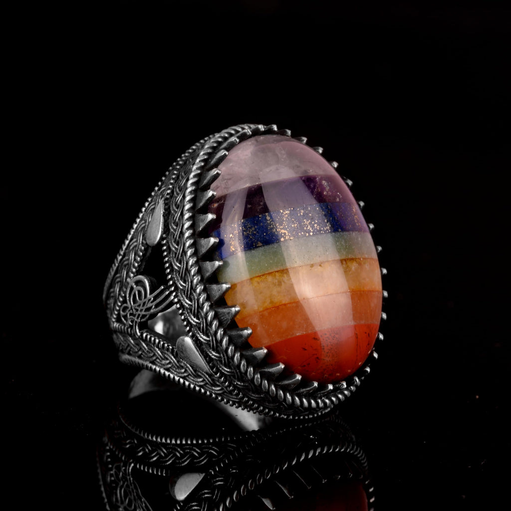 925 Sterling Silver Men's Ring, 7 Chakra Natural Stone Ring, Rainbow Ring, Tugra Ring — 4