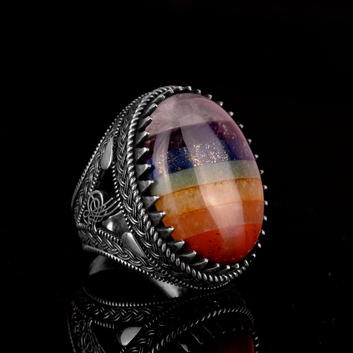 925 Sterling Silver Men's Ring, 7 Chakra Natural Stone Ring, Rainbow Ring, Tugra Ring — 4