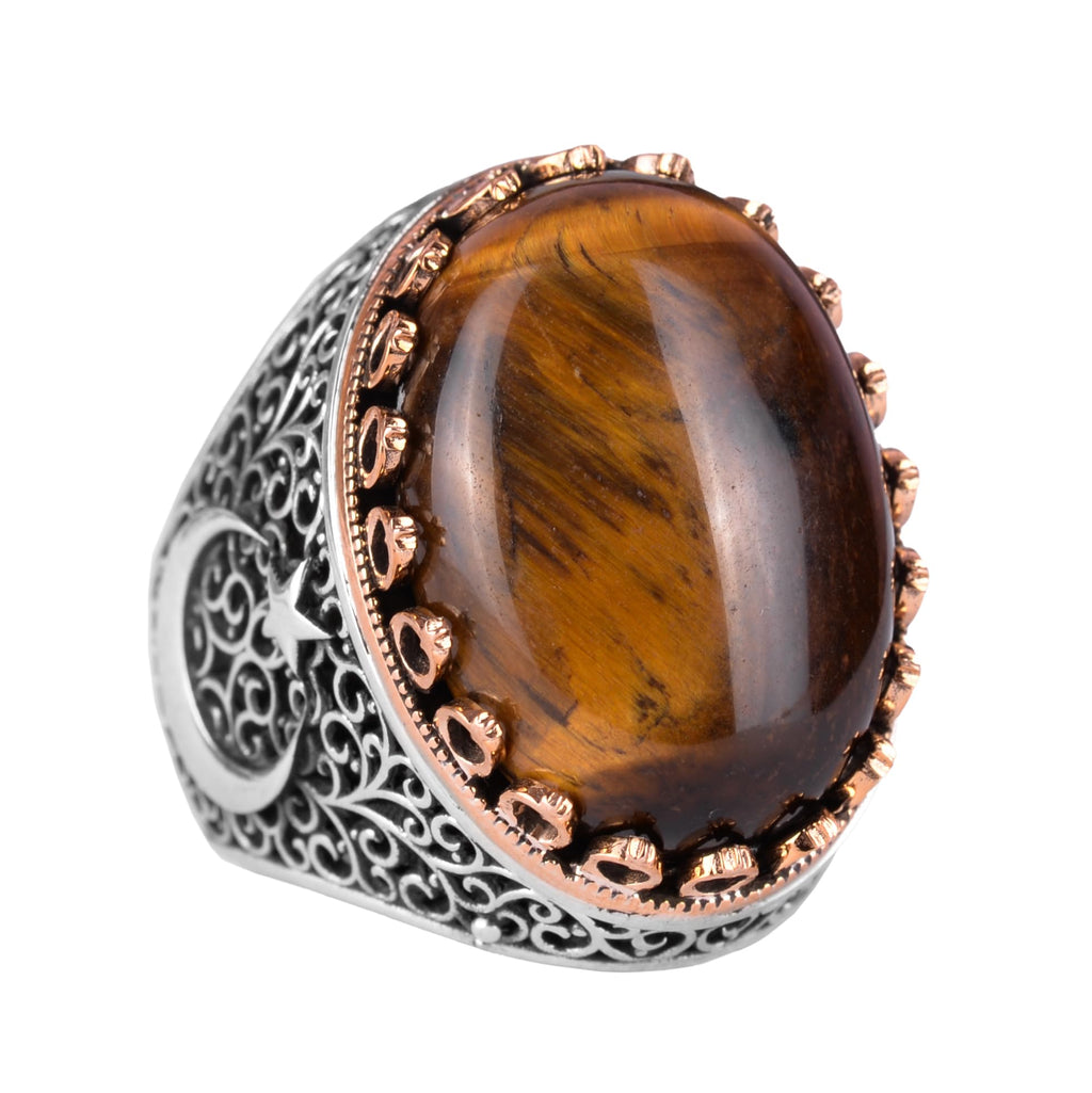KAMBO 925 Sterling Silver Men's Natural Stone Ring - Moon and Star Design - Handmade Vintage Jewelry (Tiger's Eye)