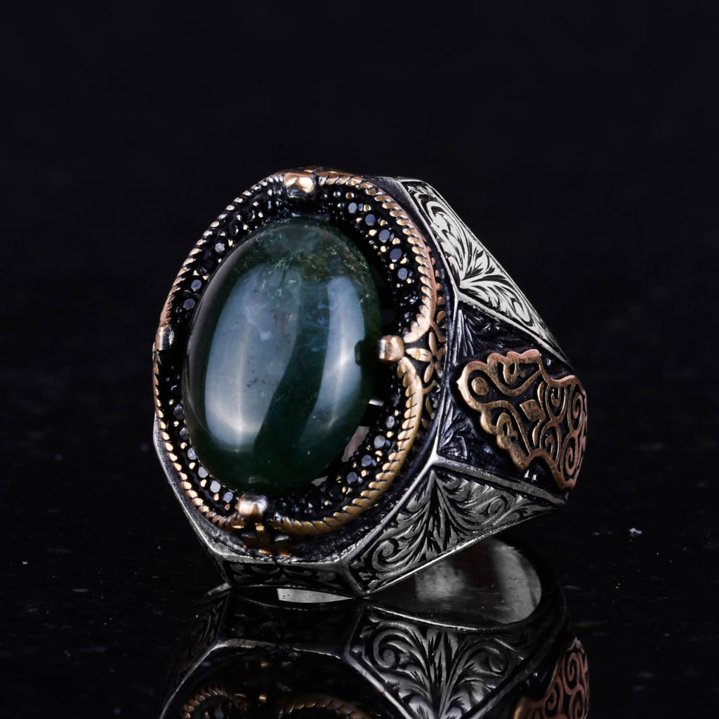 Natural Mossy Agate Stone Ring - 925 Sterling Silver Men's Ring — 5