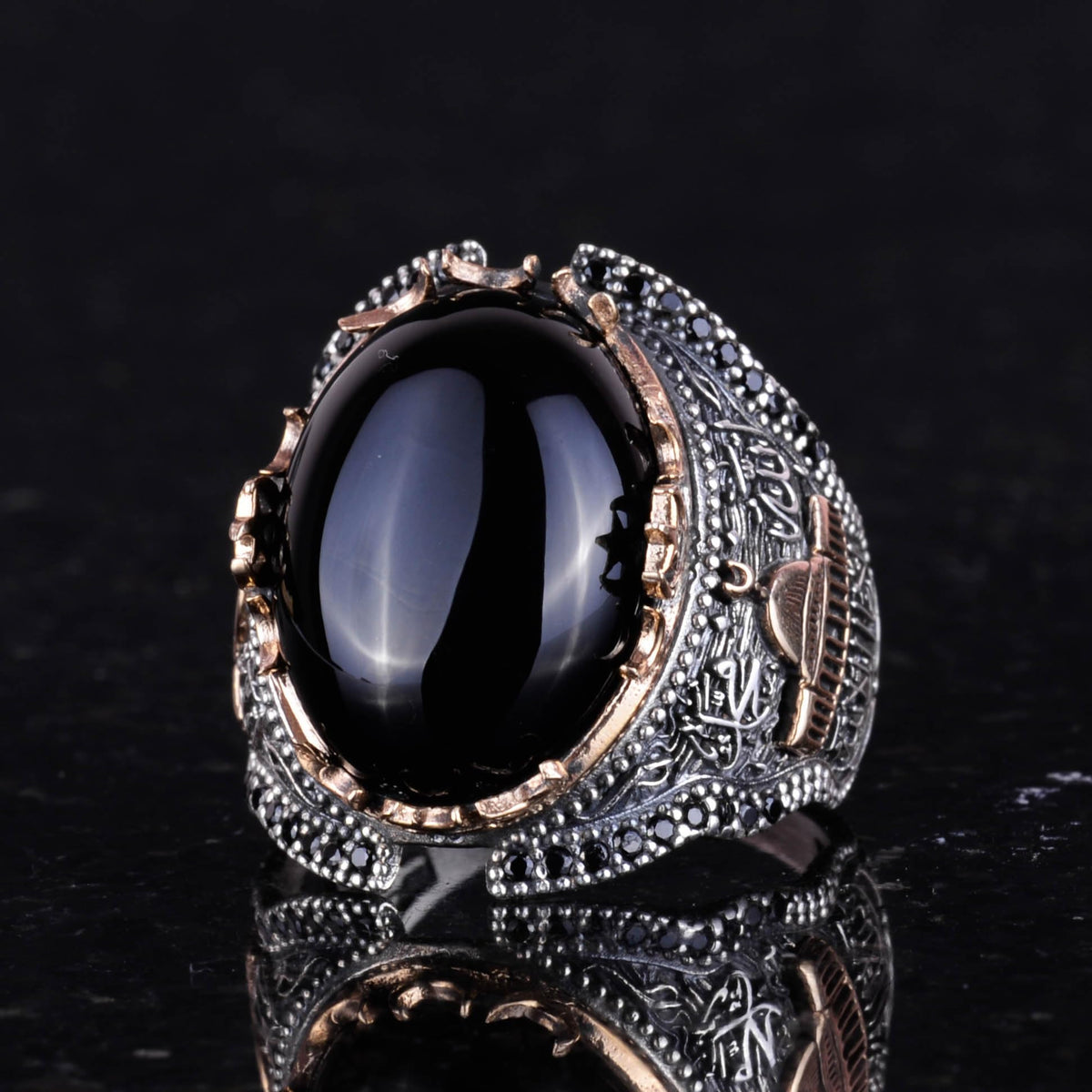 925 Sterling Silver Ring, Islamic Cabochon Onyx Stone Men's Ring — 3