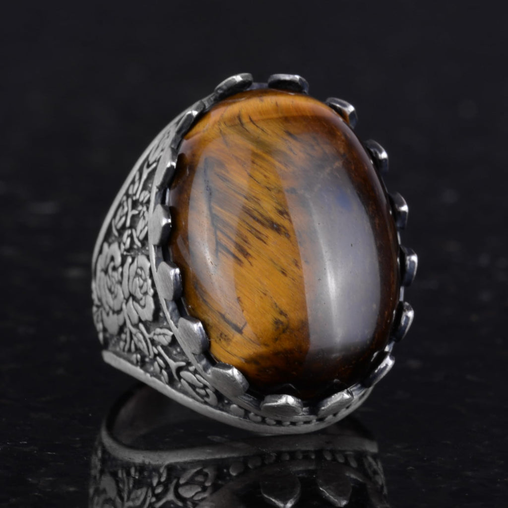 Natural Stone Ring - Rose Pattern Ring - 925 Sterling Silver - Handmade Large Ring (Tiger Eye) — 5