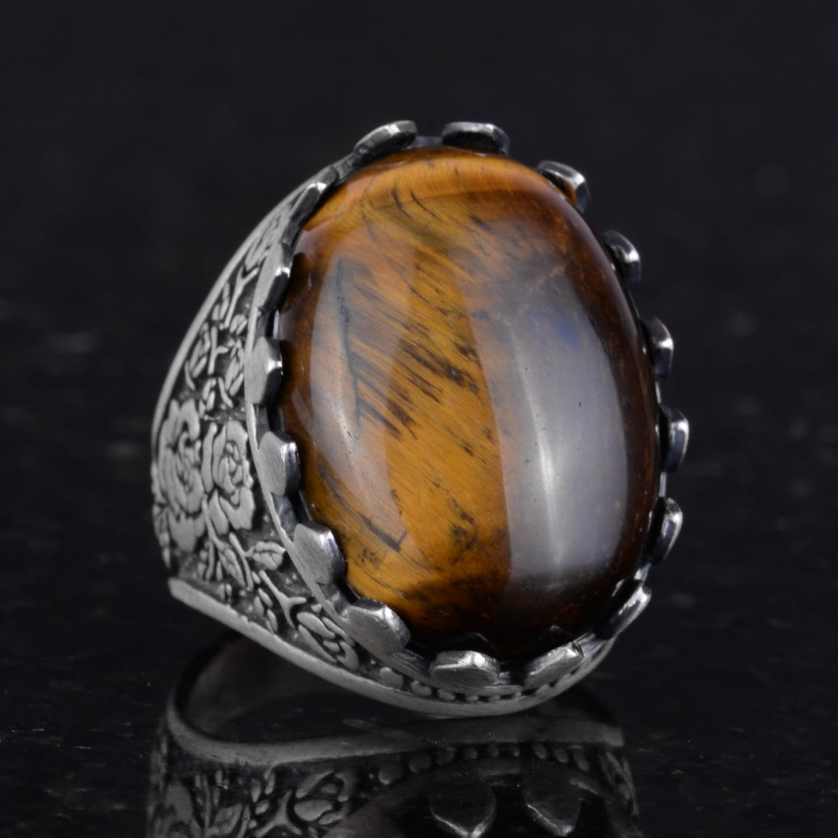 Natural Stone Ring - Rose Pattern Ring - 925 Sterling Silver - Handmade Large Ring (Tiger Eye) — 5