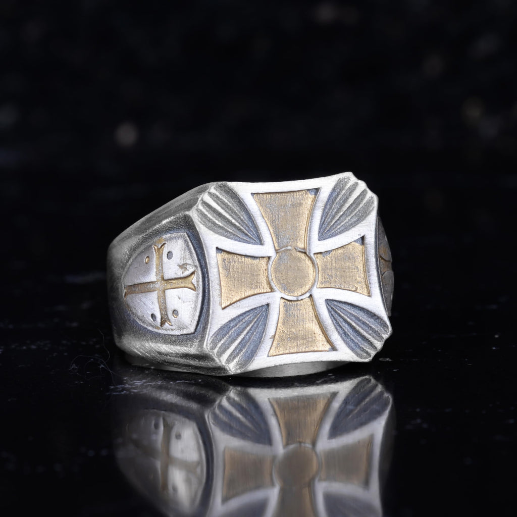 KAMBO 925 Sterling Silver Cross Designed Men's Ring – Handmade Vintage Style Religious Ring (Gold Plated) — 6