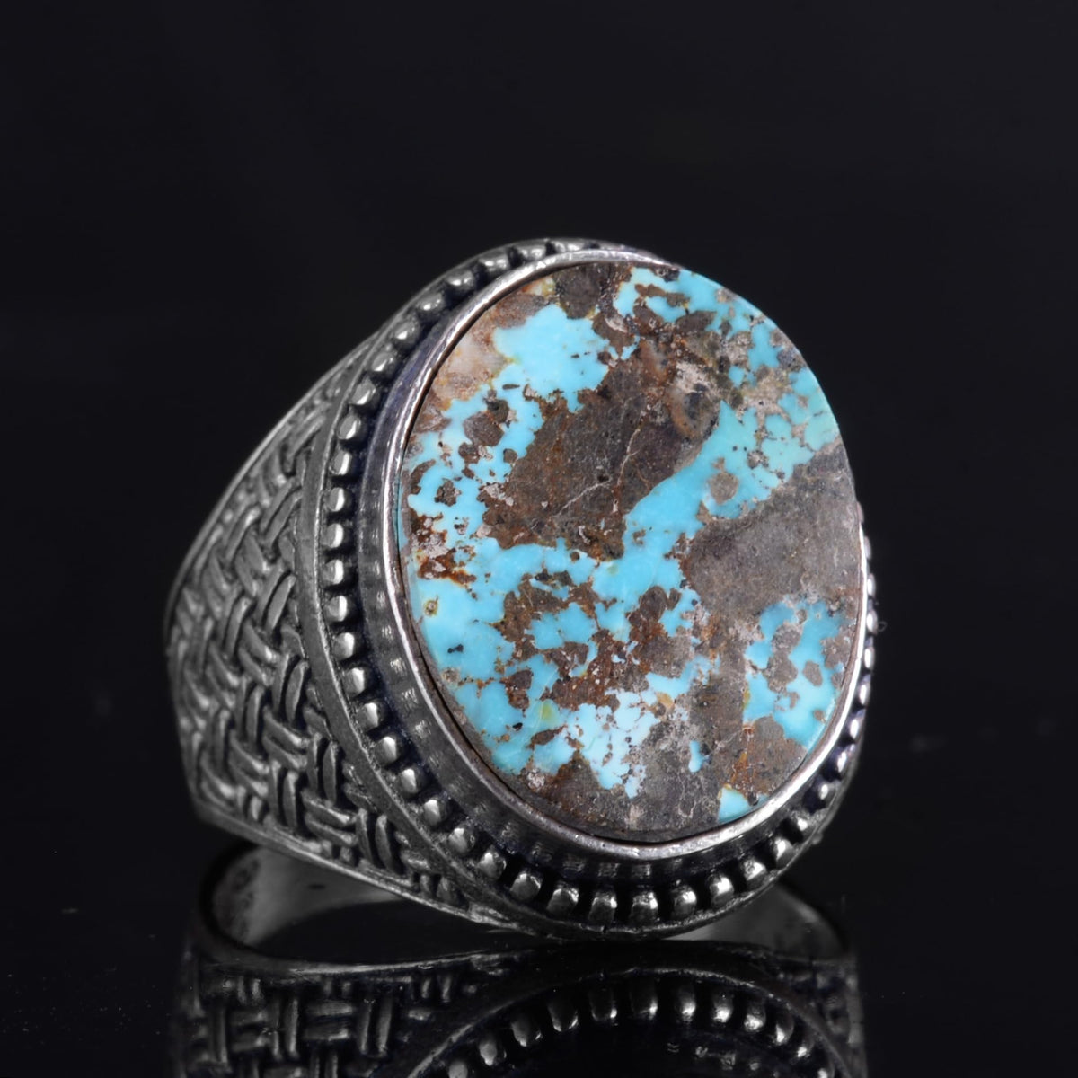 KAMBO Natural Turquoise Stone 925 Sterling Silver Men's Ring - Handmade Woven Texture Vintage Statement Jewelry (Style-1) — 5