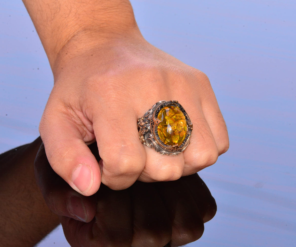 Handmade Non-Natural Stone Ring - 925 Sterling Silver Men's Jewelry (Honey Amber) — 7