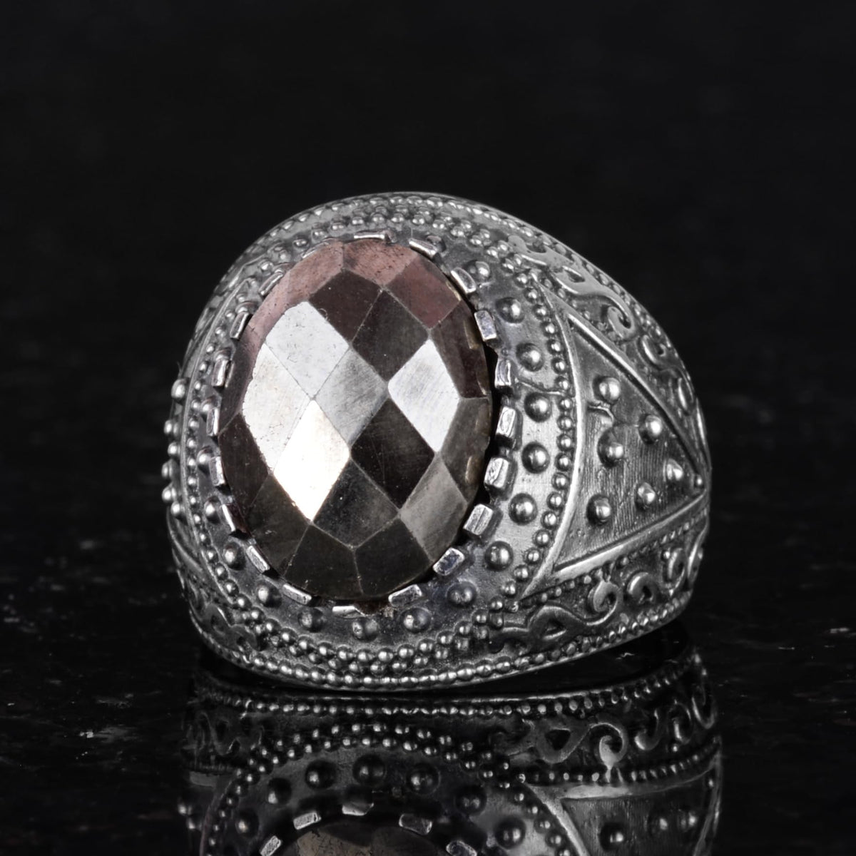 KAMBO Genuine Natural Stone Ring, 925K Solid Silver Men's Ring (Pyrite) — 6