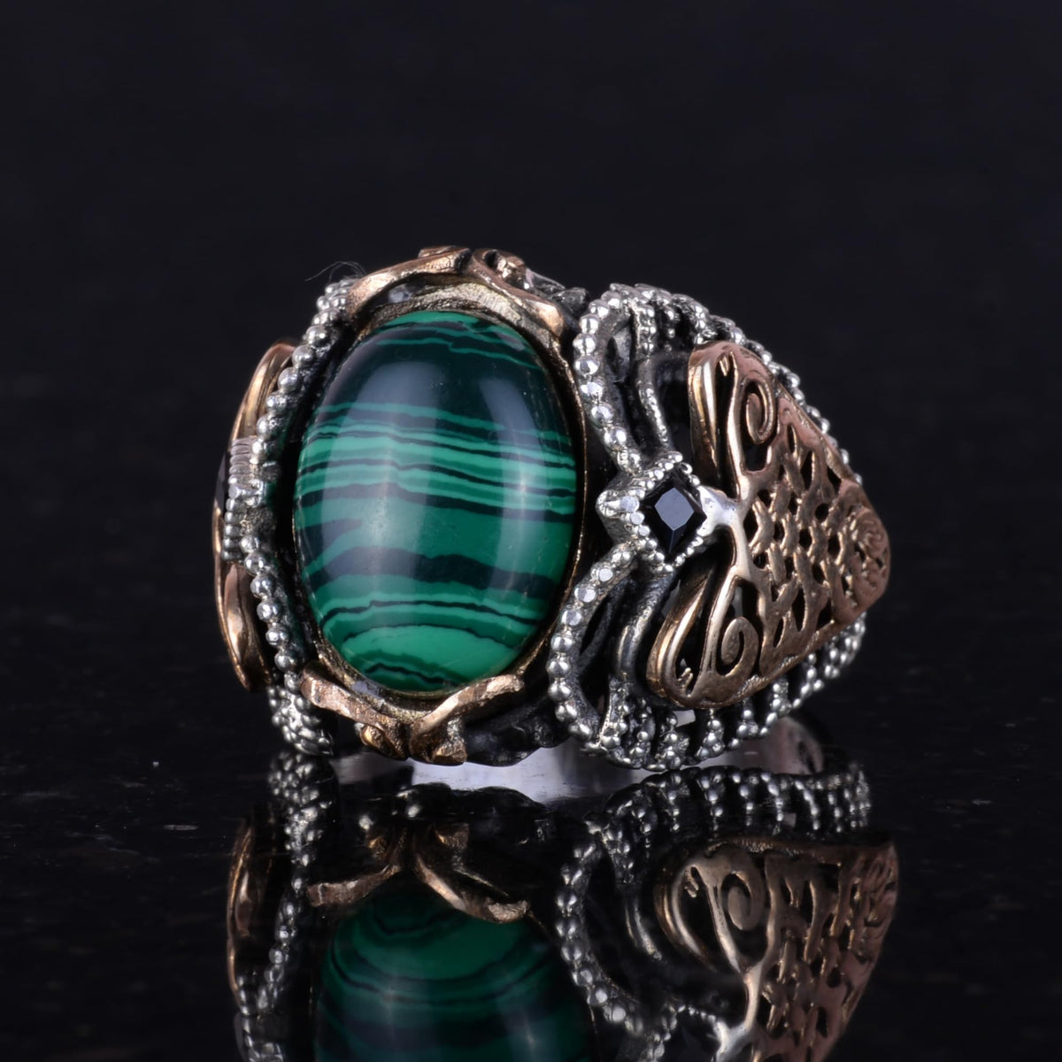 Natural Malachite Stone Ring, 925 Sterling Silver Men's Ring — 5