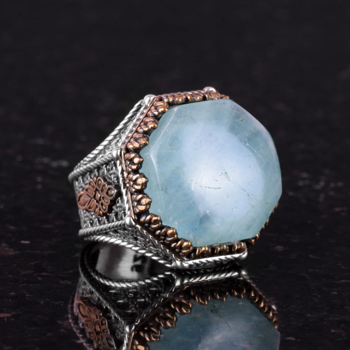 Natural Aquamarine Stone Ring - Octagonal Design - Handmade 925 Sterling Silver Jewelry — 5