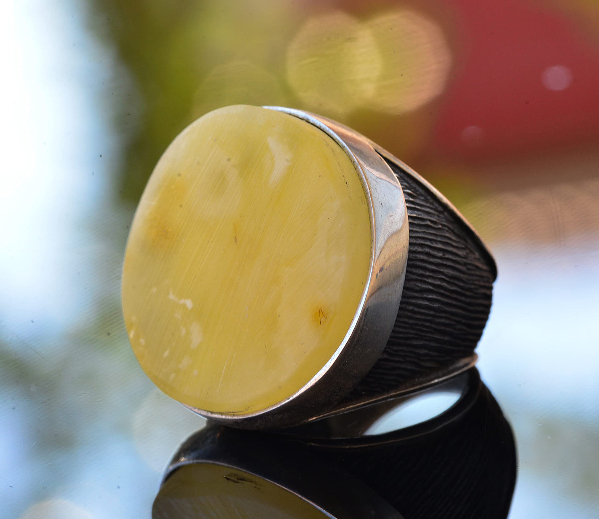 Natural Amber Large Round Stone Ring, 925 Sterling Silver Men's Ring — 5