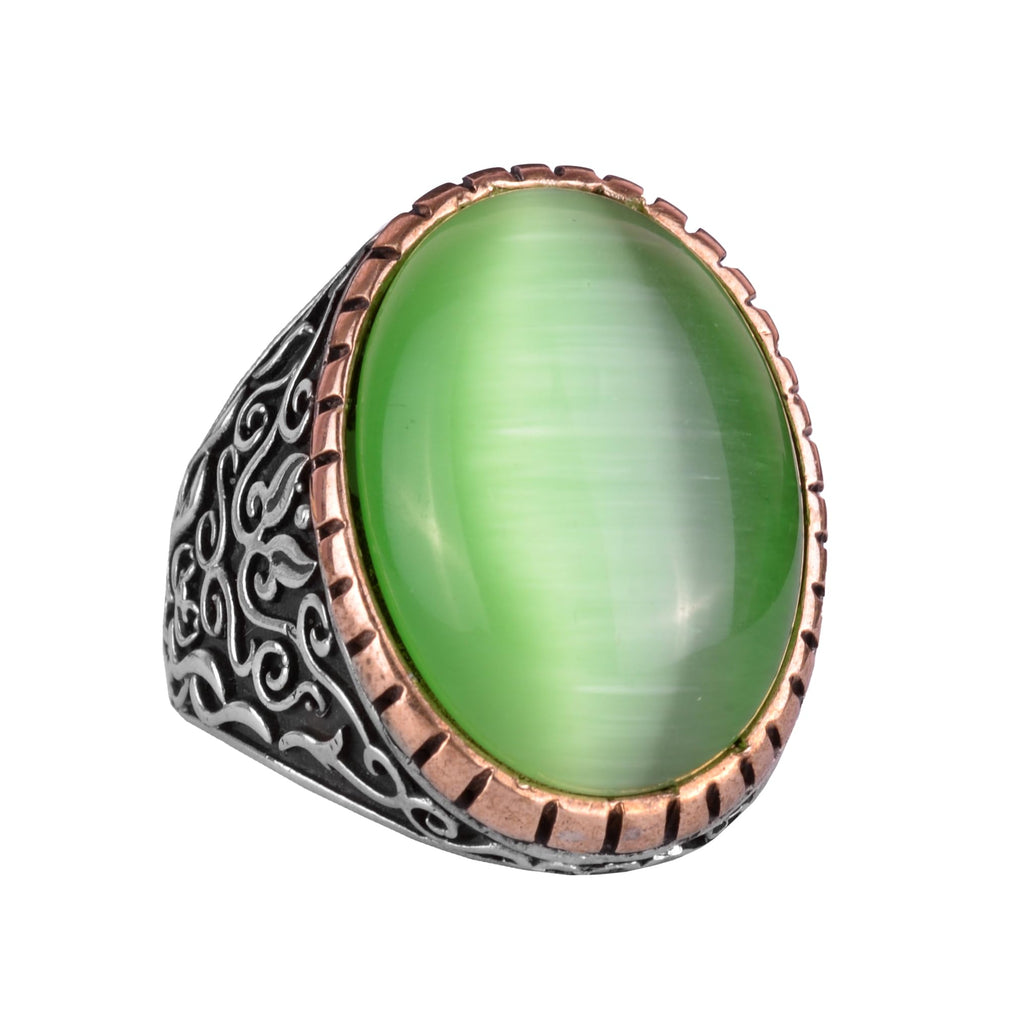 925 Sterling Silver Men's Ring, Large Ring (Light Green Cat's Eye Stone)