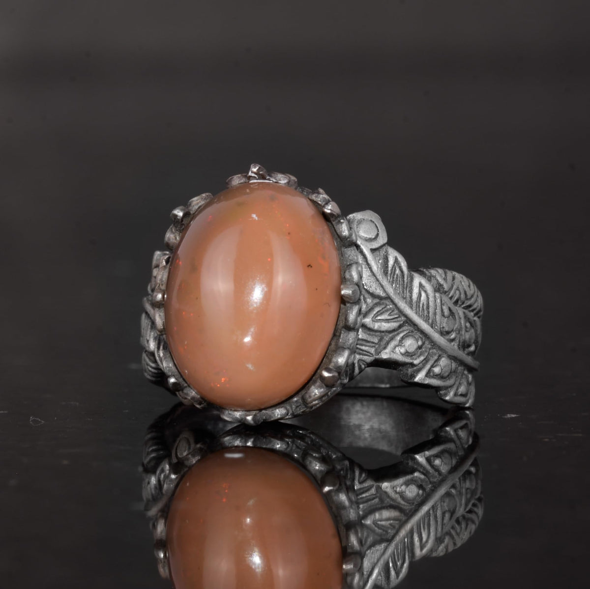 Handmade 925 Sterling Silver Men's Ring Natural Opal Stone - Leaf Pattern — 5