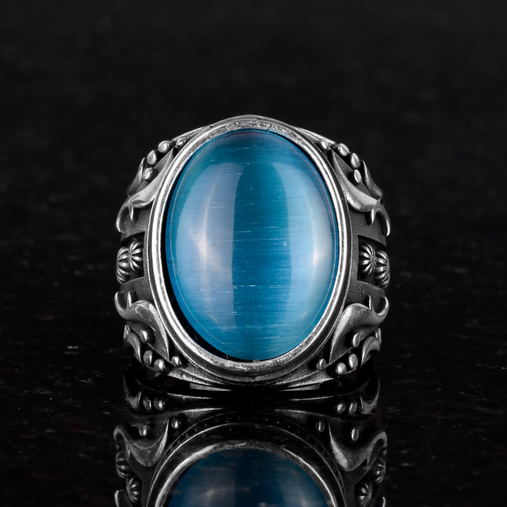 925 Sterling Silver Men's Ring - Designer Silver Men's Ring (Artificial Light Blue Cat's Eye Stone) — 3