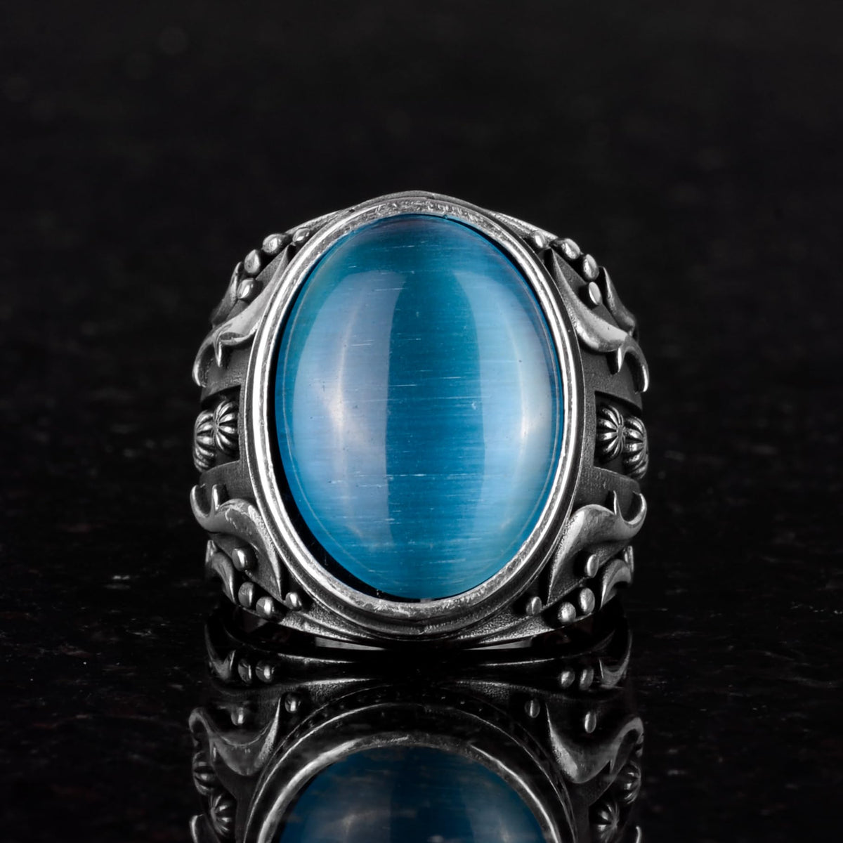 925 Sterling Silver Men's Ring - Designer Silver Men's Ring (Artificial Light Blue Cat's Eye Stone) — 3