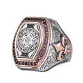 KAMBO Star of David Embroidered Men's Ring – 925 Sterling Silver Purple Stone and Horse Hoof Detailed Hexagonal Statement Ring – Vintage Handmade Design