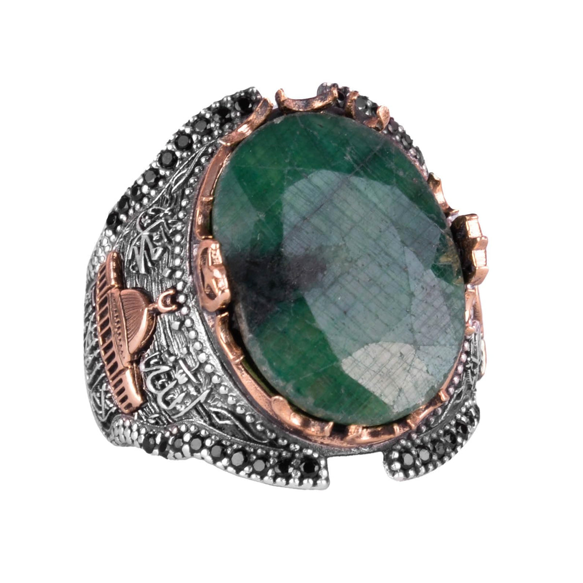 Islamic Silver Ring, Natural Emerald Stone Ring, 925 Sterling Silver Men's Ring