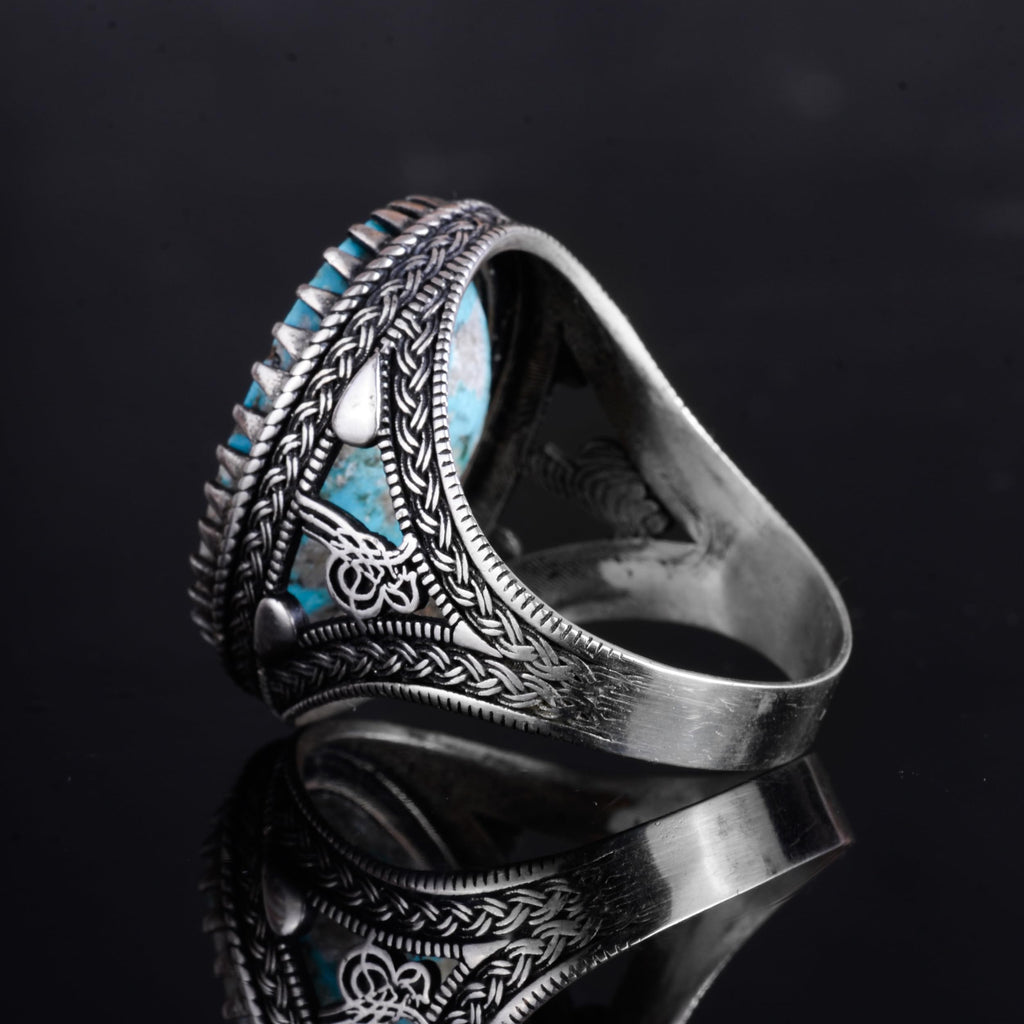 KAMBO Ottoman Tugra Design Natural Turquoise Stone Ring - 925 Sterling Silver Handmade Men's Ring (Style-6) — 7