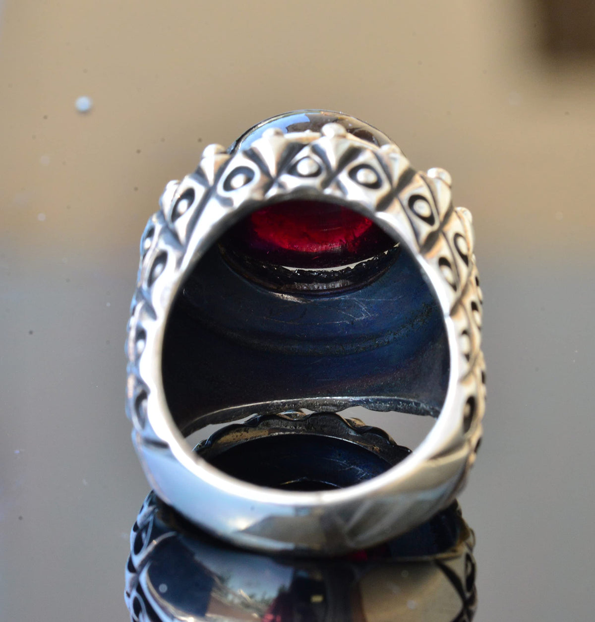 Silver Men's Ring with Natural Garnet Stone — 6