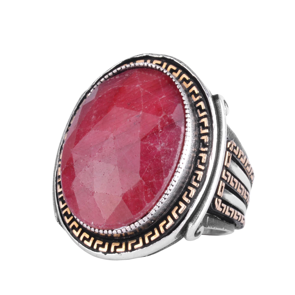 KAMBO Men's Genuine Natural Stone Ring – 925 Sterling Silver Large Statement Ring – Handmade Vintage Design – Dark Silver Ring (Ruby)