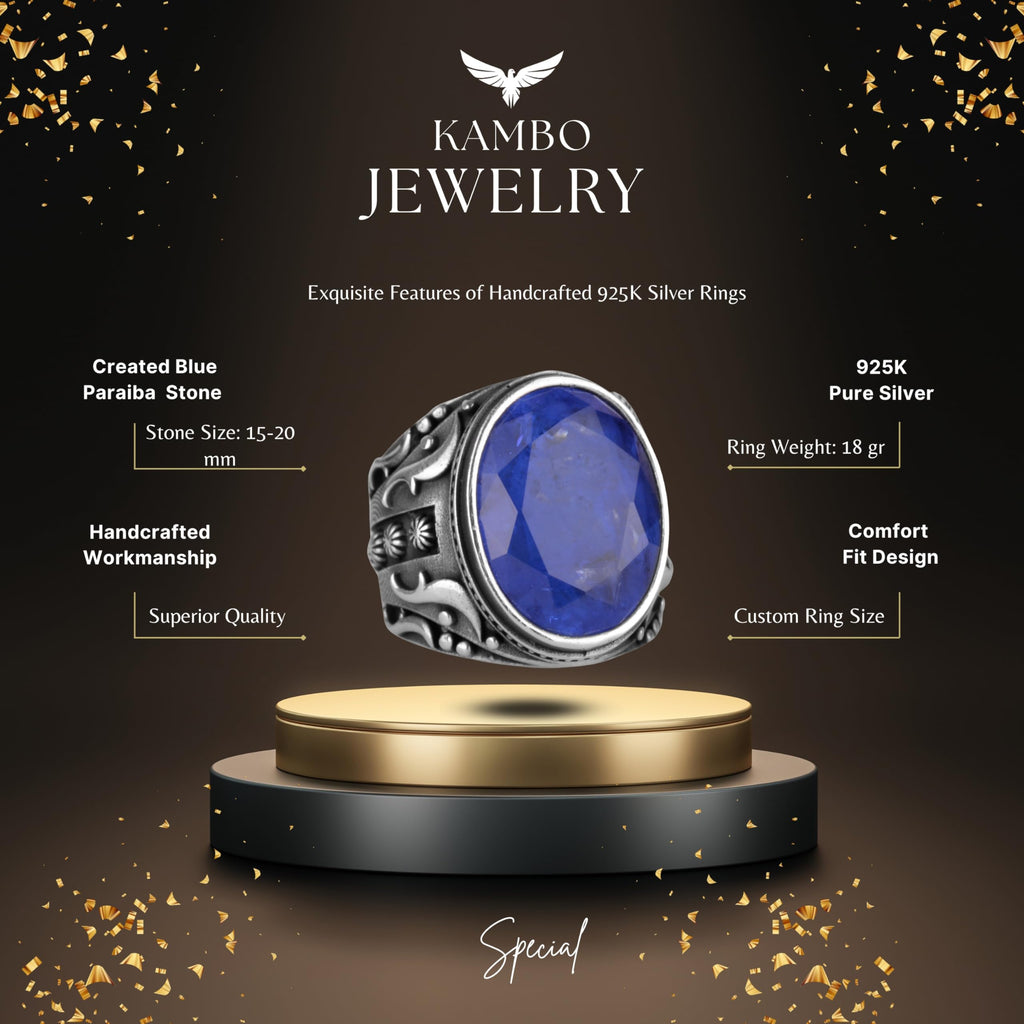 925 Sterling Silver Men's Ring (Navy Blue Paraiba Stone) — 2