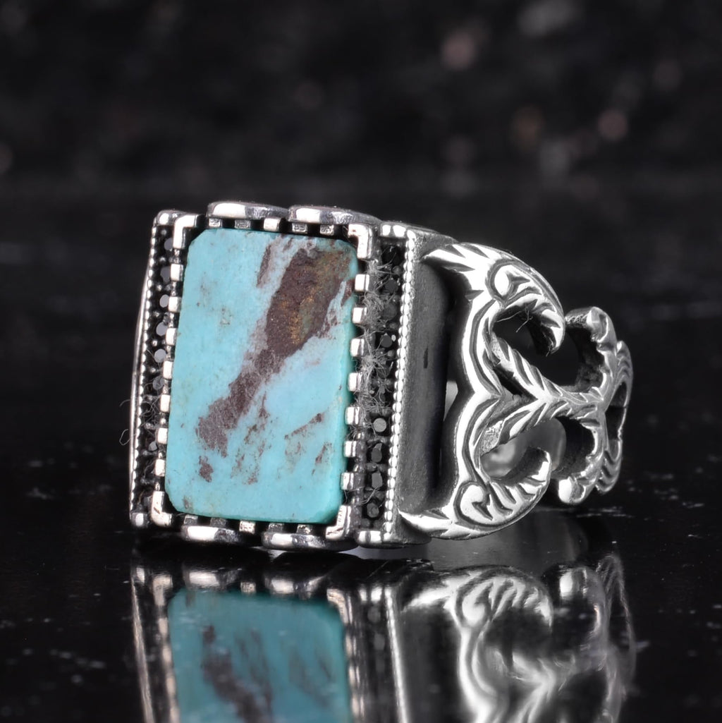 KAMBO Natural Turquoise Stone Men's Ring 925 Sterling Silver Rectangular Handmade Geometric Ring (Turquoise-1) — 5