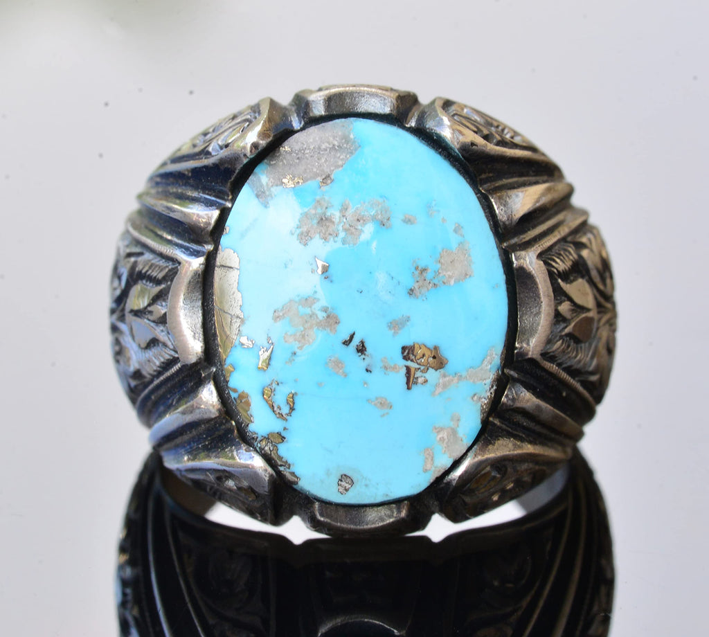 KAMBO Handmade Vintage Men's Ring with Real Natural Arizona Turquoise Stone in 925 Sterling Silver - Statement Style-3 D