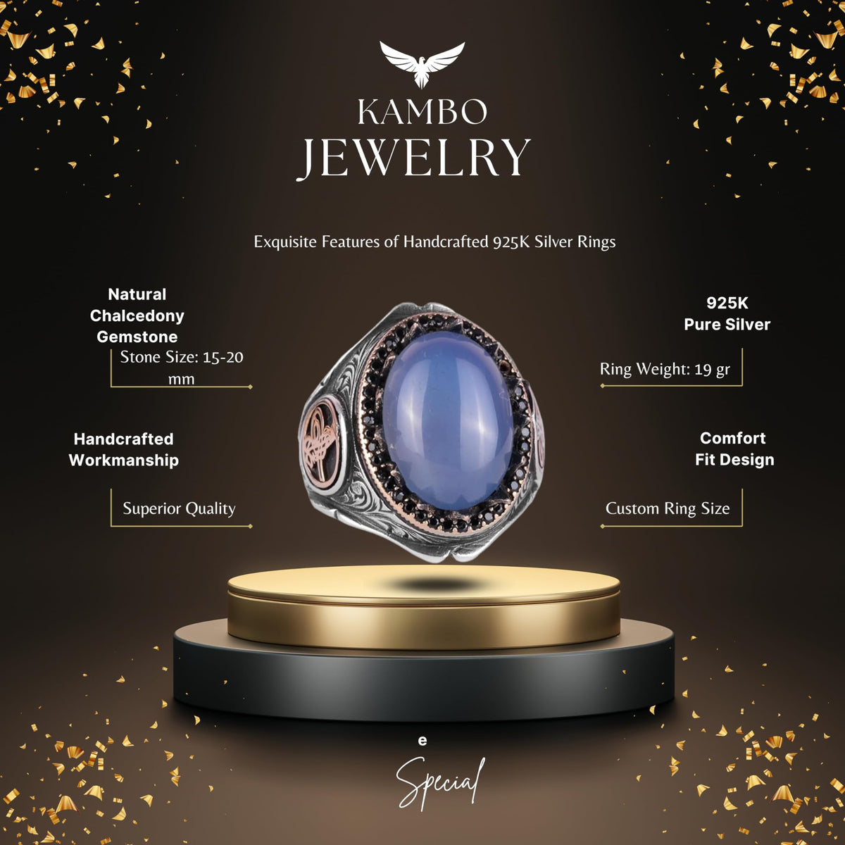 925 Sterling Silver Men's Ring - Handmade Elegance with Natural Chalcedony Stone — 2