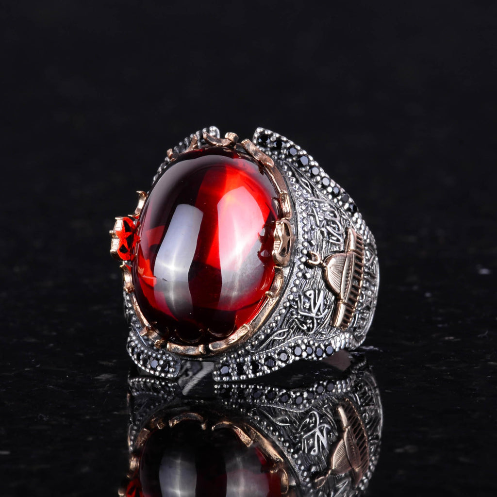 Silver Mosque Ring, Cabochon Garnet Stone Ring, 925 Sterling Silver — 4