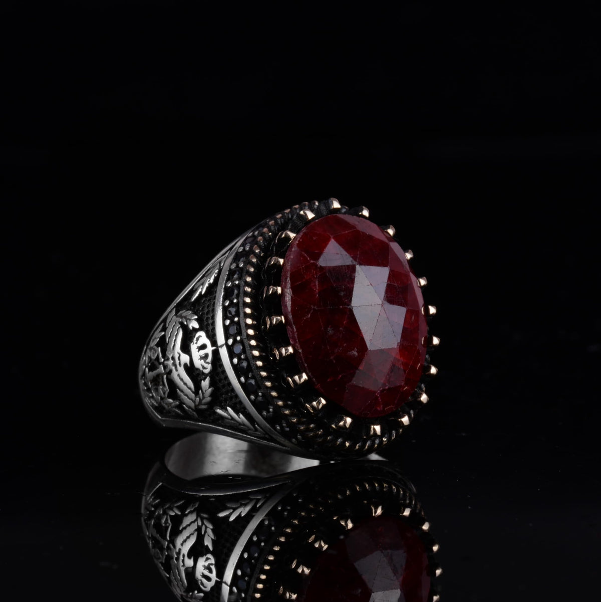 KAMBO Natural Sapphire 925 Sterling Silver Eagle Designed Men's Ring – Handmade Ottoman Style Statement Ring (Red Sapphire) — 6
