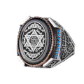 KAMBO Star of David Engraved Men's Ring 925 Sterling Silver – Oval Statement Ring with Turquoise Details – Vintage Handmade Silver Ring