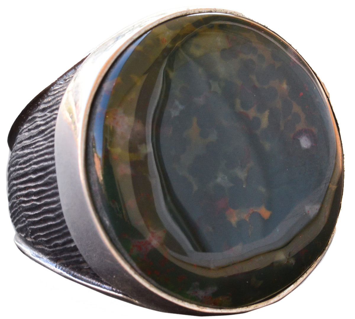 Natural Bloodstone Ring, 925 Sterling Silver Men's Round Ring