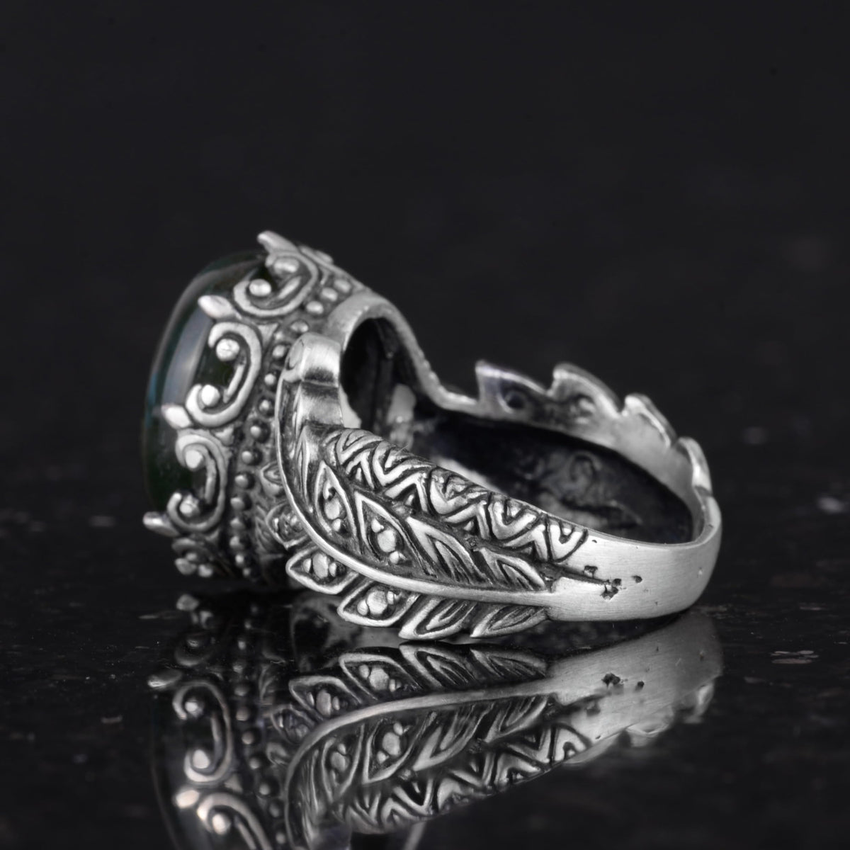 Silver Women's Ring with Natural Moss Agate Stone, Vintage Bohemian Design — 7