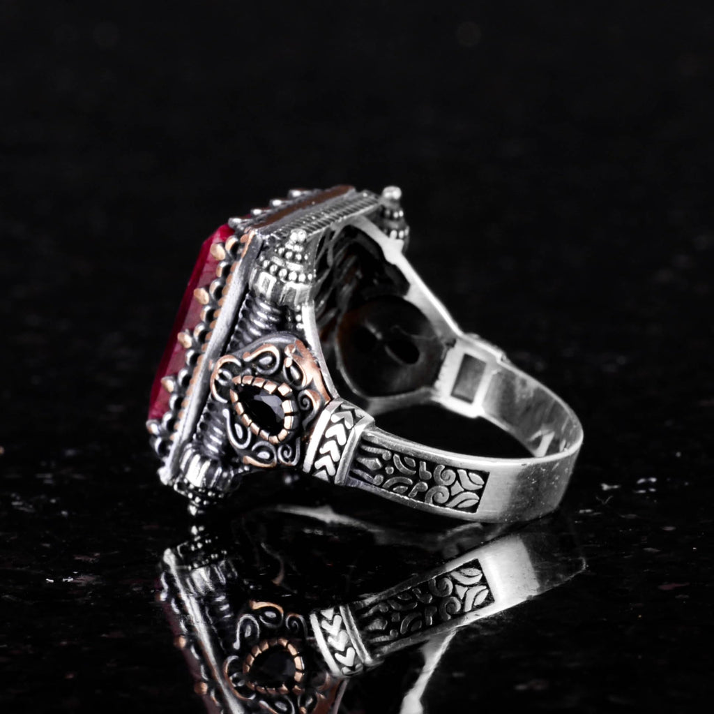 Kambo Real Natural Ruby Stone 925 Sterling Silver Men's Ring – Modern Design — 6